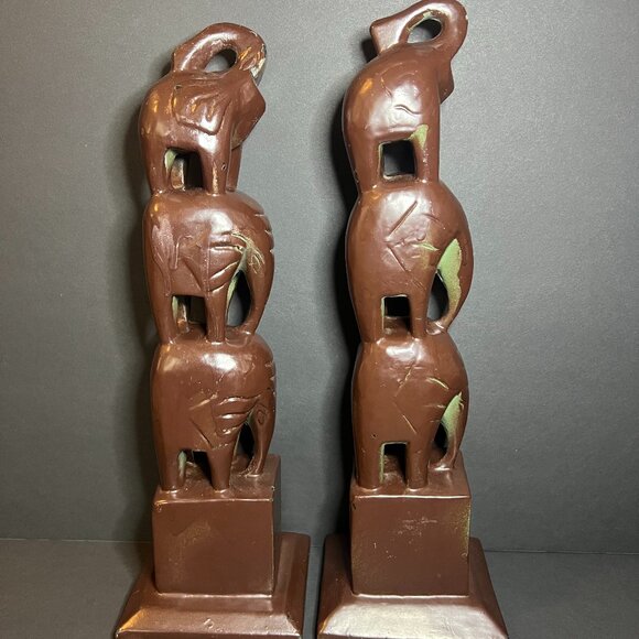 Vintage Set of 2 Hand Carved & Hand Painted Brown Wooden Elephant Totem Towers - Picture 7 of 12